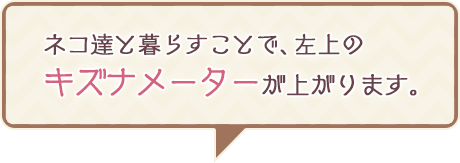 ネコ達と暮らすことで、左上のキズナメーターが上がります。