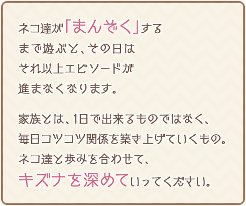 ネコ達が「まんぞく」するまで遊ぶと、その日はそれ以上エピソードが進まなくなります。家族とは、1日で出来るものではなく、毎日コツコツ関係を築き上げていくもの。ネコ達と歩みを合わせて、キズナを深めていってください。